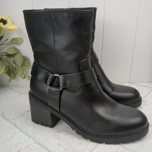 Women's Size 11 Greyson Combat Biker Boots Universal Threads Black Faux Leather - Picture 1 of 9